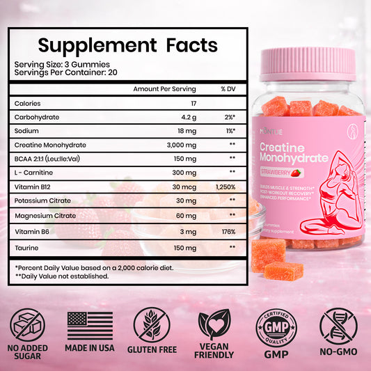 MONTUE Gomitas de Creatina para Mujeres – 3000 mg por Porción con BCAA y L-Carnitina, Fórmula Triple Acción para Fuerza Muscular, Recuperación y Energía, Sabor Fresa