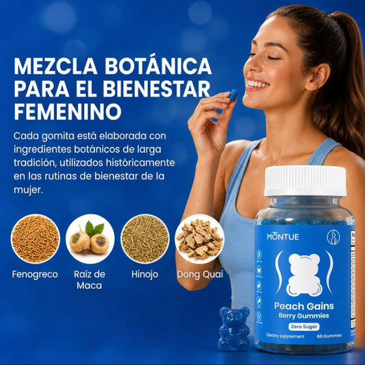 Montue Ositos Gomitas de Apoyo para Mujeres Peach 8 Extractos de Hierbas Incluyendo Fenogreco Maca e Ginseng Vitaminas Esenciales Sabor a Frutos Rojos 60 Gomitas