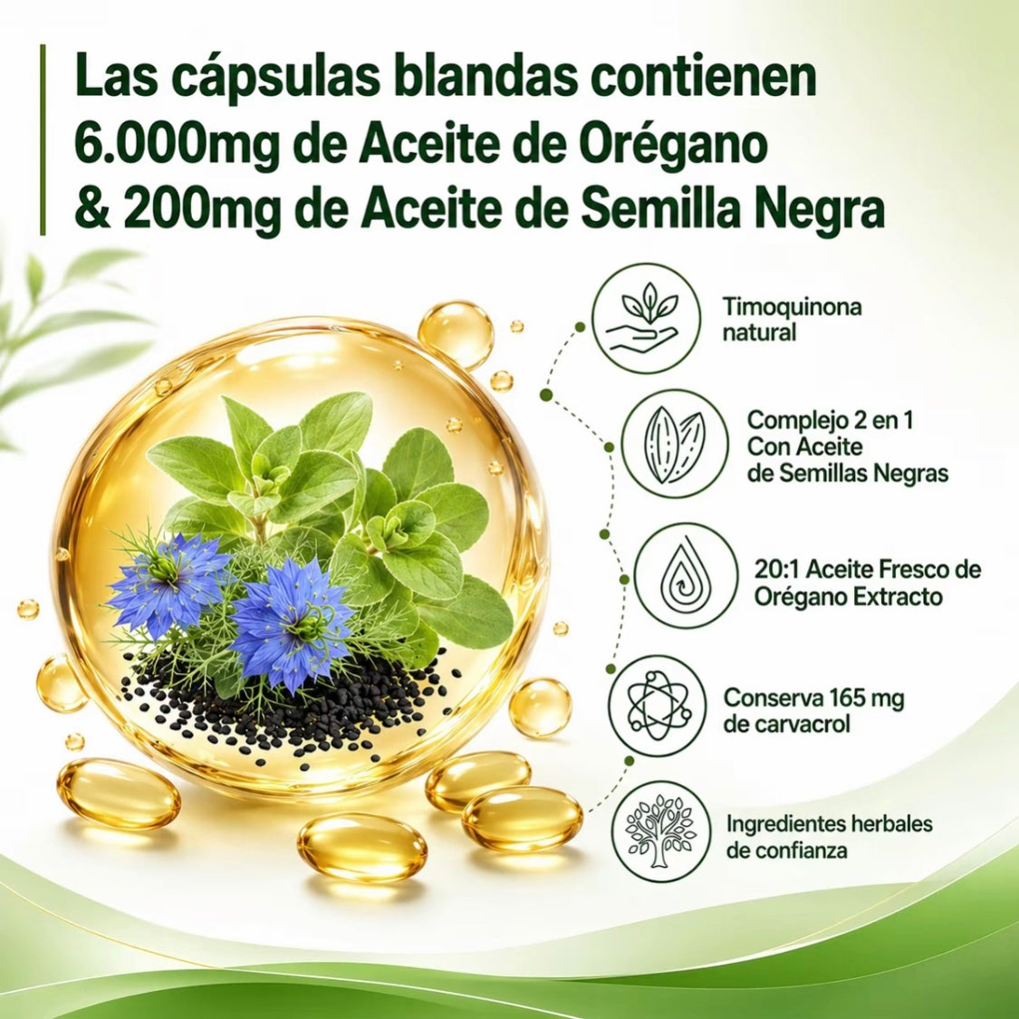 Aceite de Orégano con Aceite de Semilla Negra, 150 Cápsulas Blandas, 6000 mg de Aceite de Orégano Orgánico, Rico en Carvacrol y Antioxidantes Naturales, Apoyo Nutricional, Suplemento Alimenticio Botánico de Alta Eficacia para el Bienestar Genera