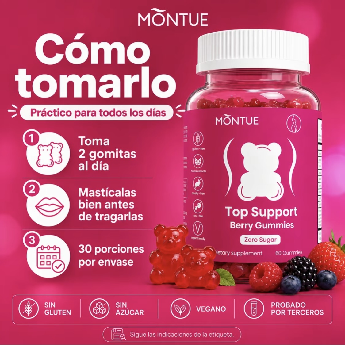 Montue Ositos Gomitas de Apoyo para Mujeres Top 8 Extractos de Hierbas Incluyendo Fenogreco Sauzgatillo e agripalma Vitaminas Esenciales Sabor a Frutos Rojos 60 Gomitas