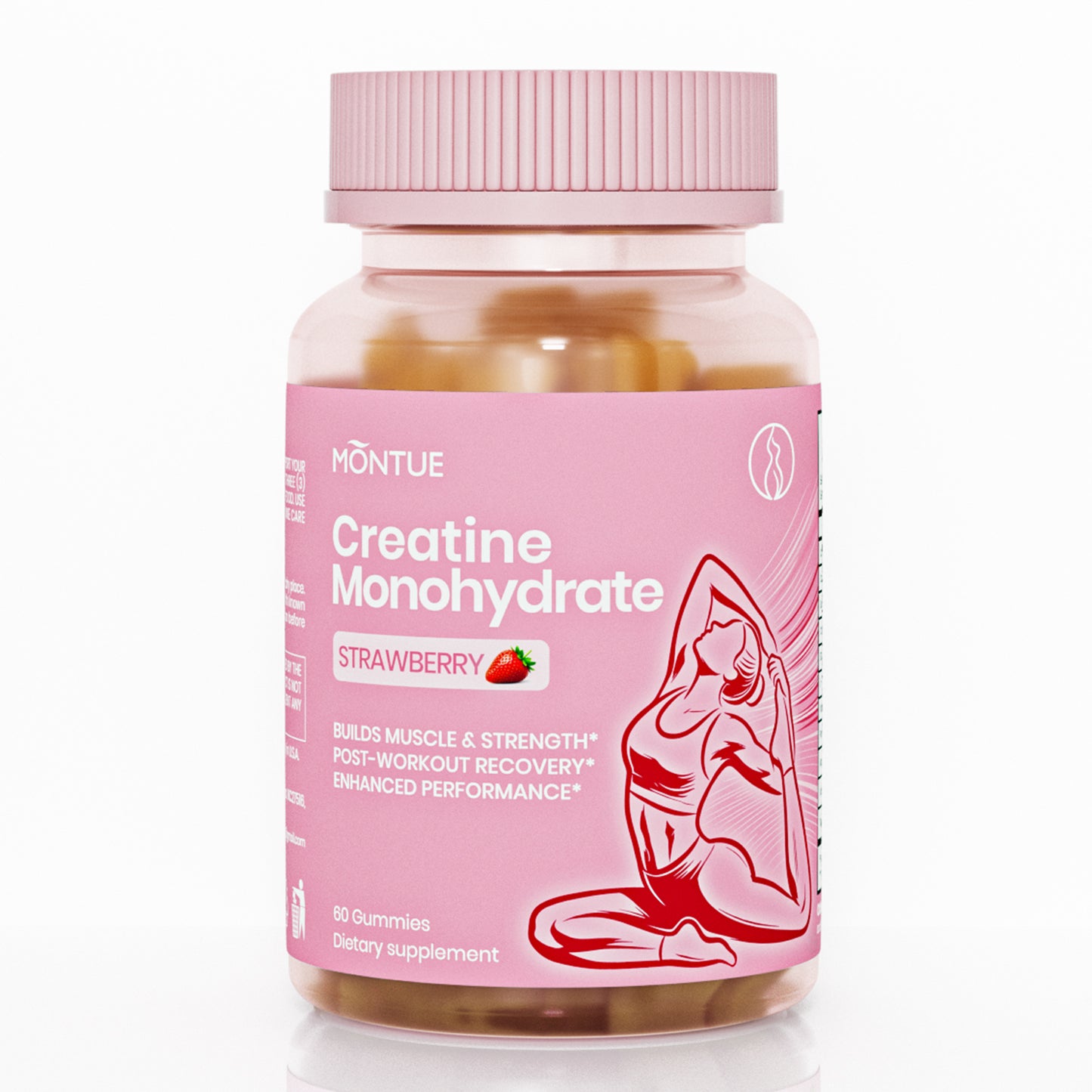 MONTUE Gomitas de Creatina para Mujeres – 3000 mg por Porción con BCAA y L-Carnitina, Fórmula Triple Acción para Fuerza Muscular, Recuperación y Energía, Sabor Fresa