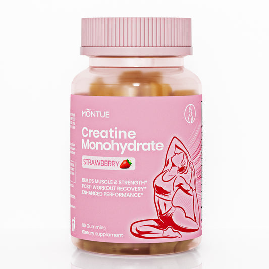 MONTUE Gomitas de Creatina para Mujeres – 3000 mg por Porción con BCAA y L-Carnitina, Fórmula Triple Acción para Fuerza Muscular, Recuperación y Energía, Sabor Fresa