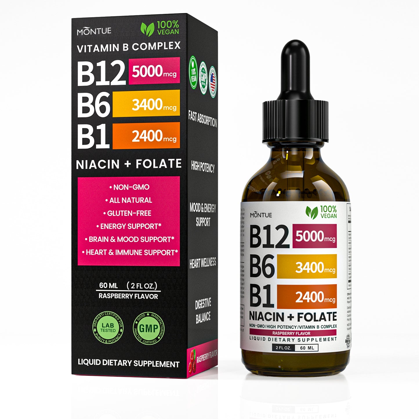 Montue Gotas Líquidas de Vitamina B12 y Complejo B – Fórmula Sublingual con Metilcobalamina B12, Vitaminas B6 y C para Apoyo de Energía y Bienestar Diario, Sabor Frambuesa