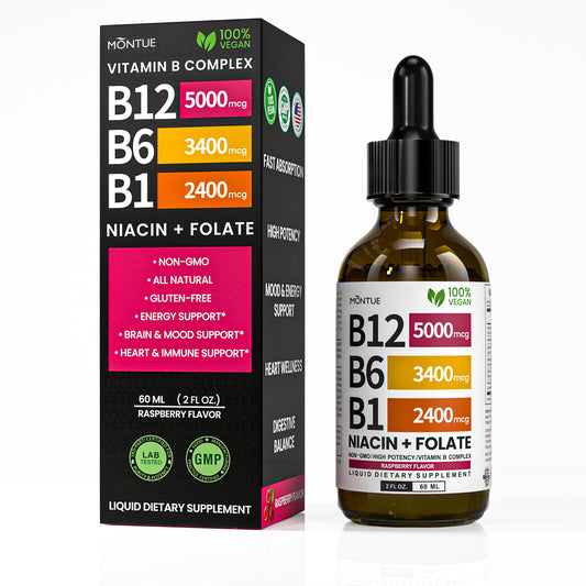 Montue Gotas Líquidas de Vitamina B12 y Complejo B – Fórmula Sublingual con Metilcobalamina B12, Vitaminas B6 y C para Apoyo de Energía y Bienestar Diario, Sabor Frambuesa