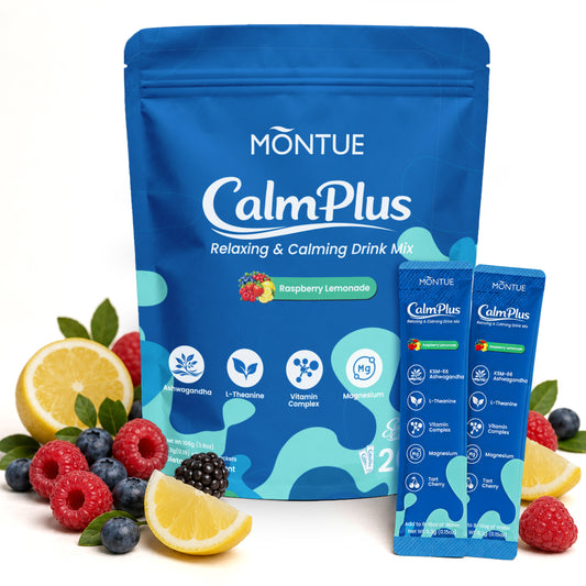 Montue Polvo Calmante para el Estrés con Magnesio Glicinato, Ashwagandha, L-Teanina y Vitamina D3 – Apoyo para el Equilibrio del Cortisol, Relajación y Sueño, Sin Azúcar