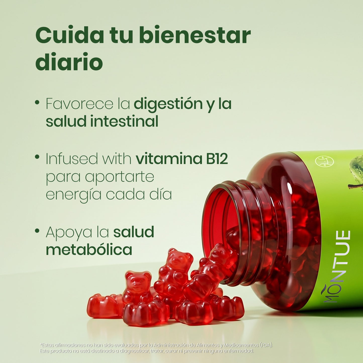 Montue Gomitas de Vinagre de Manzana ACV con Vitamina B12 y Probióticos – Apoyo para el Bienestar Digestivo, Metabolismo y Rutina Diaria, Sabor Delicioso