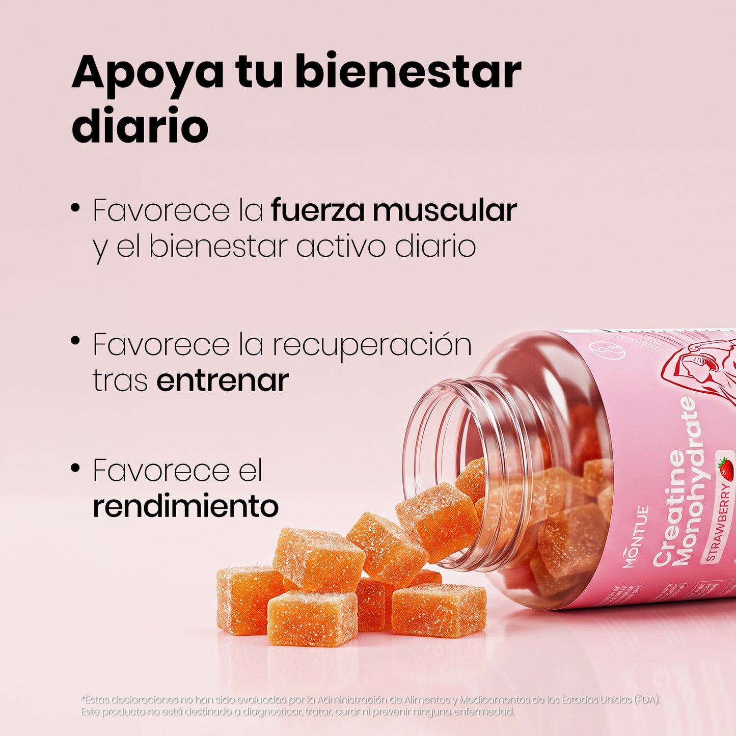 MONTUE Gomitas de Creatina para Mujeres – 3000 mg por Porción con BCAA y L-Carnitina, Fórmula Triple Acción para Fuerza Muscular, Recuperación y Energía, Sabor Fresa