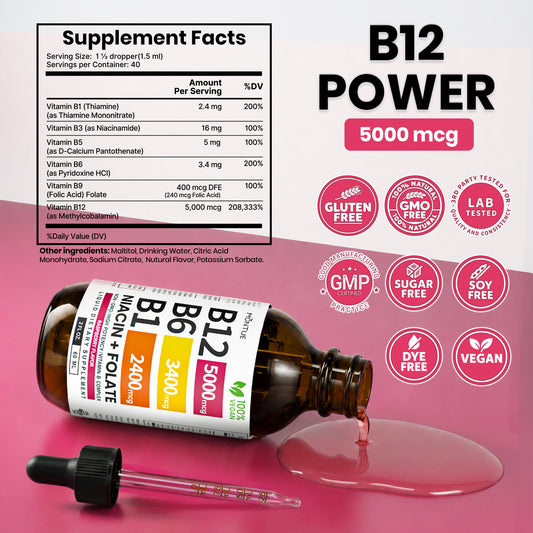 Montue Gotas Líquidas de Vitamina B12 y Complejo B – Fórmula Sublingual con Metilcobalamina B12, Vitaminas B6 y C para Apoyo de Energía y Bienestar Diario, Sabor Frambuesa