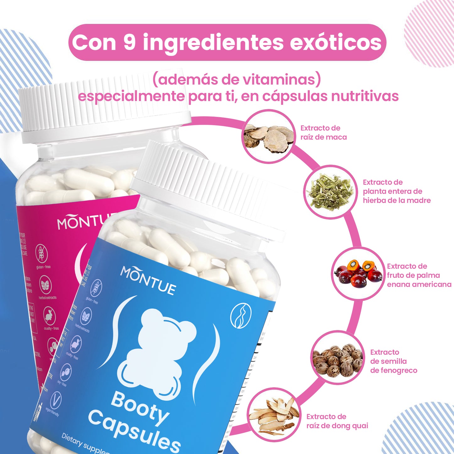 Montue Cápsulas de Bienestar Femenino – Fórmula Herbal con Maca, Fenogreco e Hinojo, 16 Extractos Botánicos y Vitaminas Esenciales