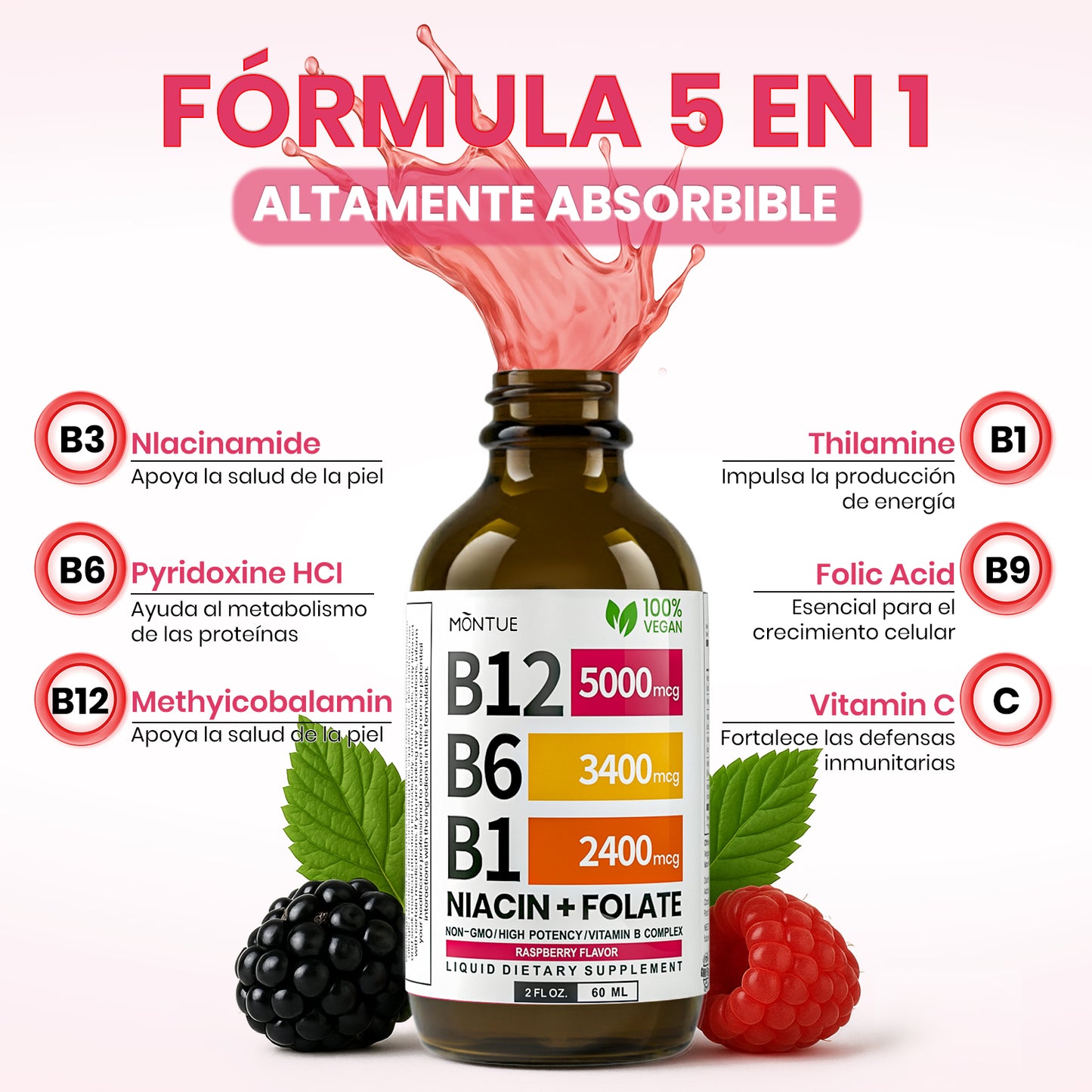 Montue Gotas Líquidas de Vitamina B12 y Complejo B – Fórmula Sublingual con Metilcobalamina B12, Vitaminas B6 y C para Apoyo de Energía y Bienestar Diario, Sabor Frambuesa