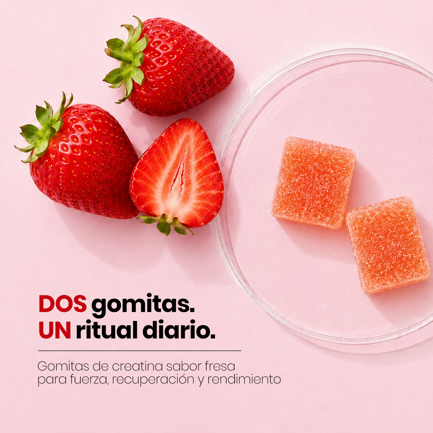 MONTUE Gomitas de Creatina para Mujeres – 3000 mg por Porción con BCAA y L-Carnitina, Fórmula Triple Acción para Fuerza Muscular, Recuperación y Energía, Sabor Fresa