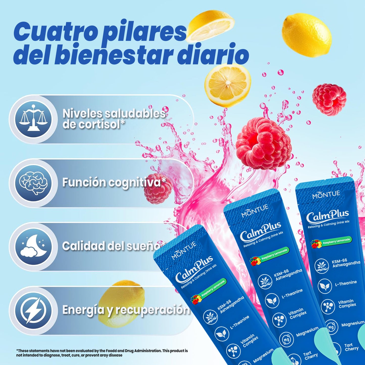 Montue Polvo Calmante para el Estrés con Magnesio Glicinato, Ashwagandha, L-Teanina y Vitamina D3 – Apoyo para el Equilibrio del Cortisol, Relajación y Sueño, Sin Azúcar
