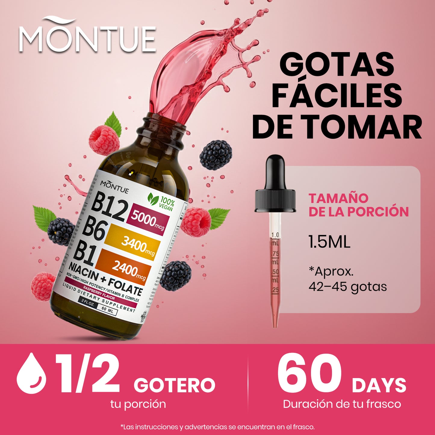 Montue Gotas Líquidas de Vitamina B12 y Complejo B – Fórmula Sublingual con Metilcobalamina B12, Vitaminas B6 y C para Apoyo de Energía y Bienestar Diario, Sabor Frambuesa