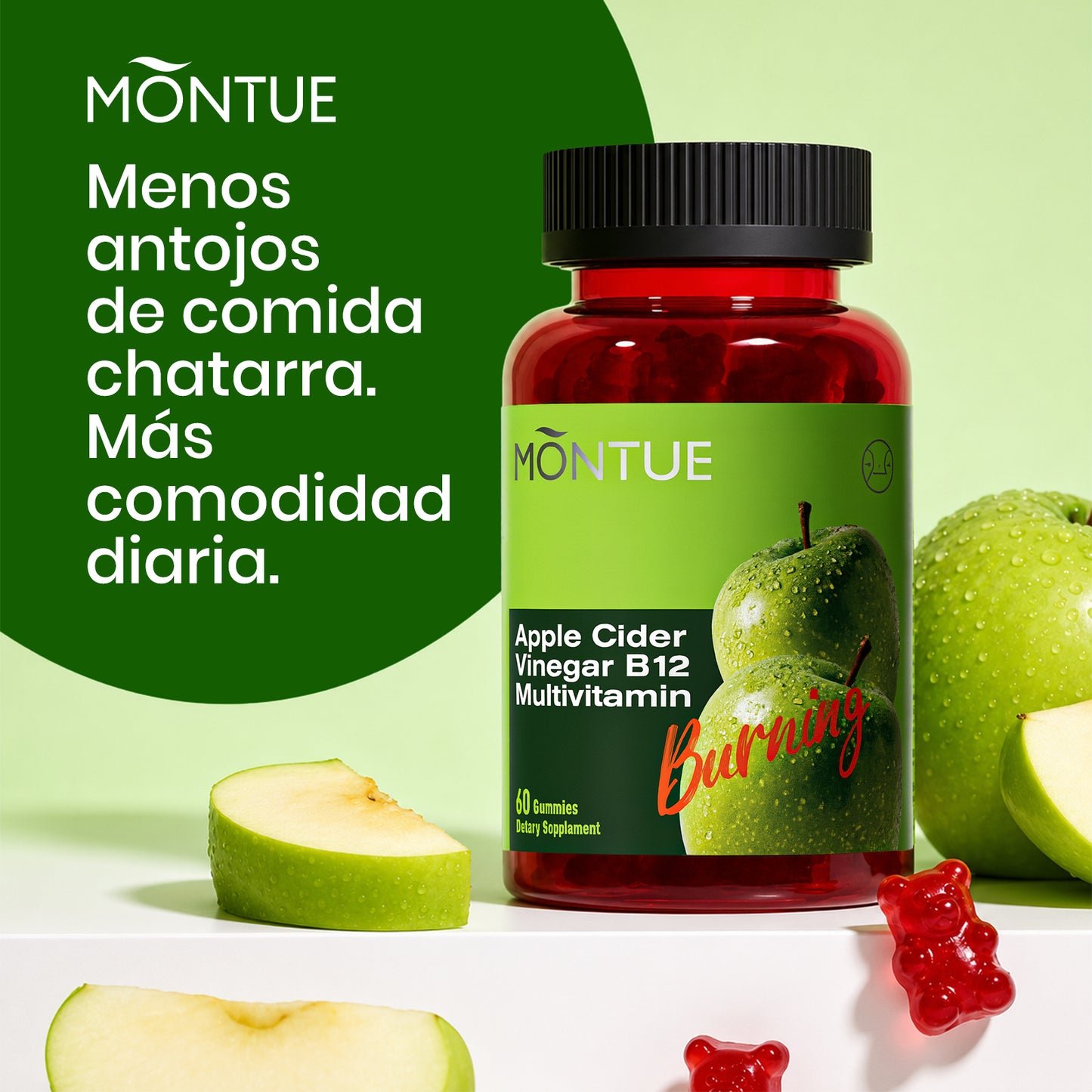 Montue Gomitas de Vinagre de Manzana ACV con Vitamina B12 y Probióticos – Apoyo para el Bienestar Digestivo, Metabolismo y Rutina Diaria, Sabor Delicioso