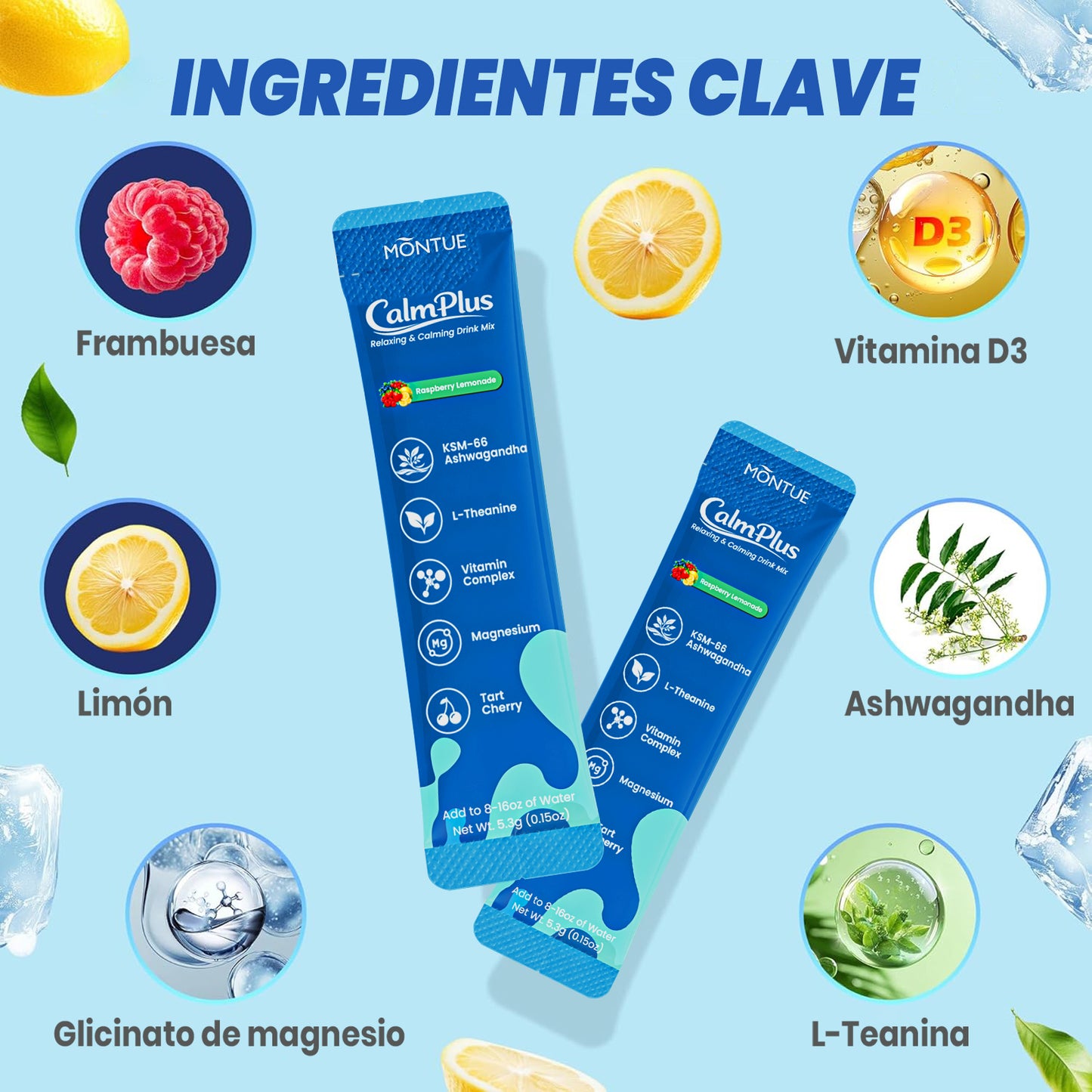 Montue Polvo Calmante para el Estrés con Magnesio Glicinato, Ashwagandha, L-Teanina y Vitamina D3 – Apoyo para el Equilibrio del Cortisol, Relajación y Sueño, Sin Azúcar