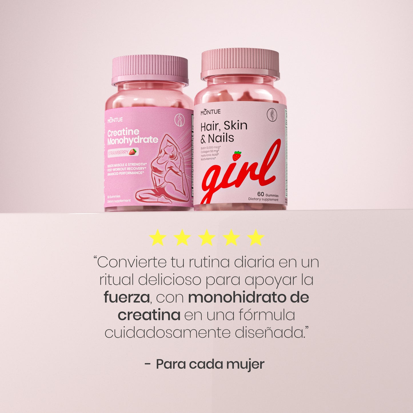 MONTUE Gomitas de Creatina para Mujeres – 3000 mg por Porción con BCAA y L-Carnitina, Fórmula Triple Acción para Fuerza Muscular, Recuperación y Energía, Sabor Fresa