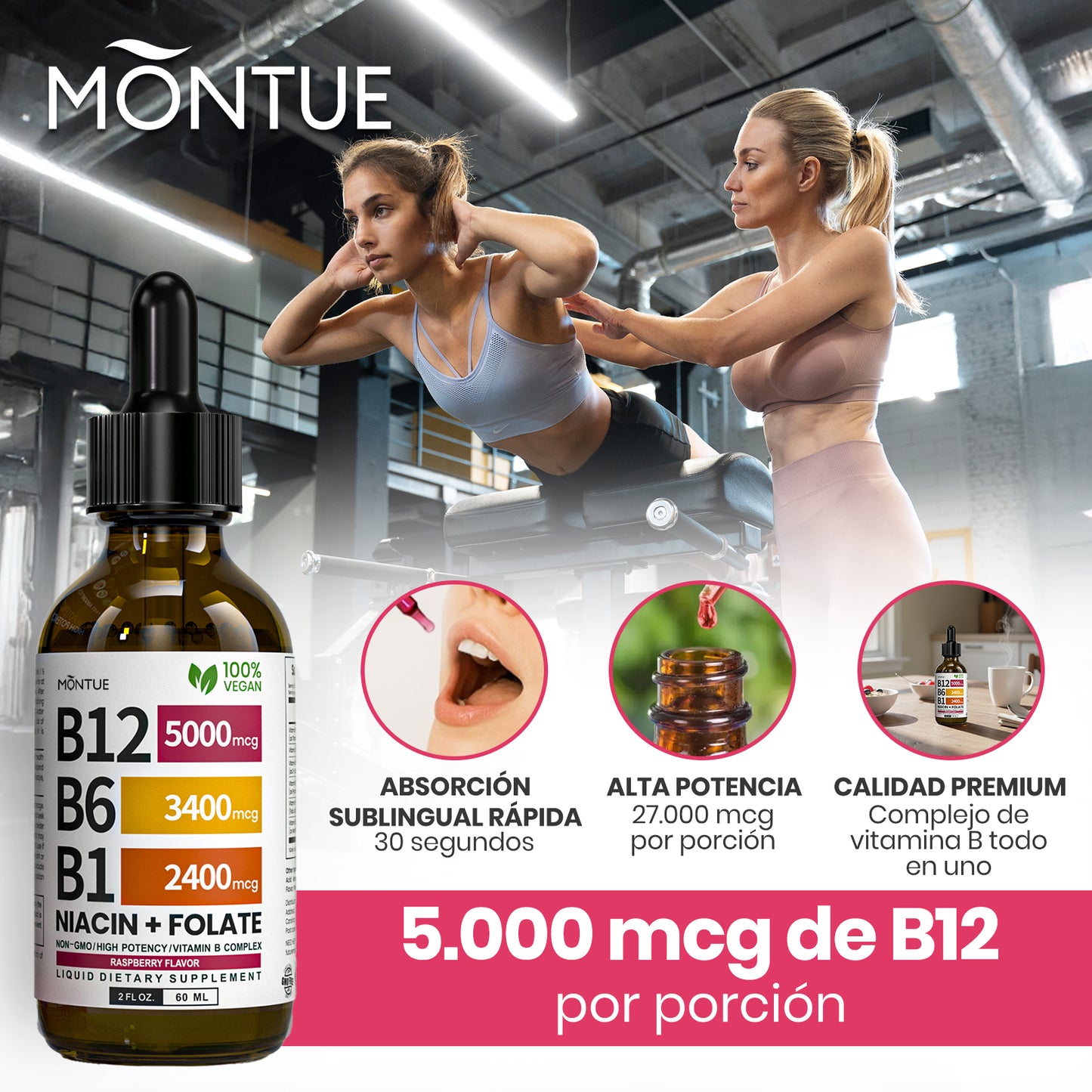 Montue Gotas Líquidas de Vitamina B12 y Complejo B – Fórmula Sublingual con Metilcobalamina B12, Vitaminas B6 y C para Apoyo de Energía y Bienestar Diario, Sabor Frambuesa
