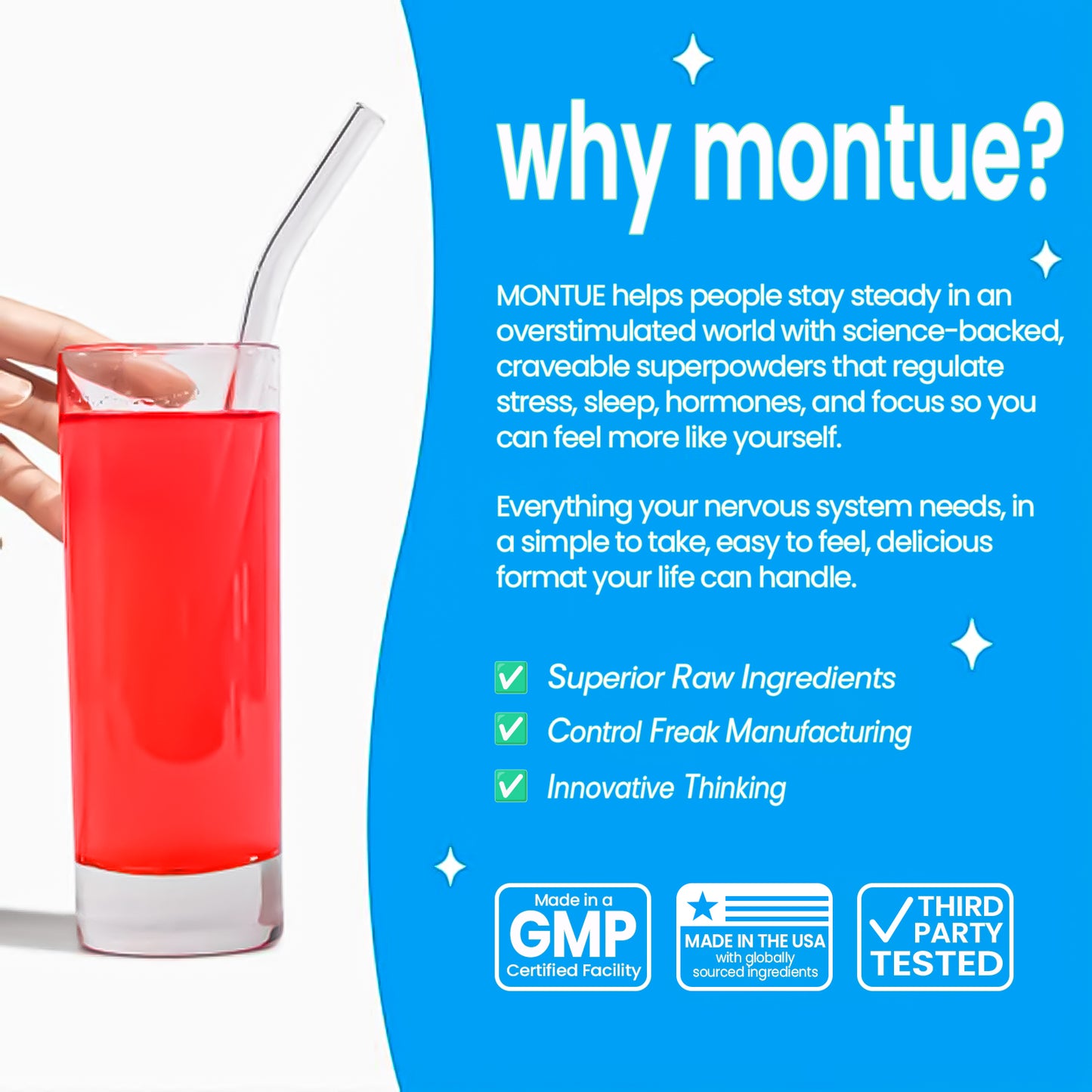 Montue Polvo Calmante para el Estrés con Magnesio Glicinato, Ashwagandha, L-Teanina y Vitamina D3 – Apoyo para el Equilibrio del Cortisol, Relajación y Sueño, Sin Azúcar