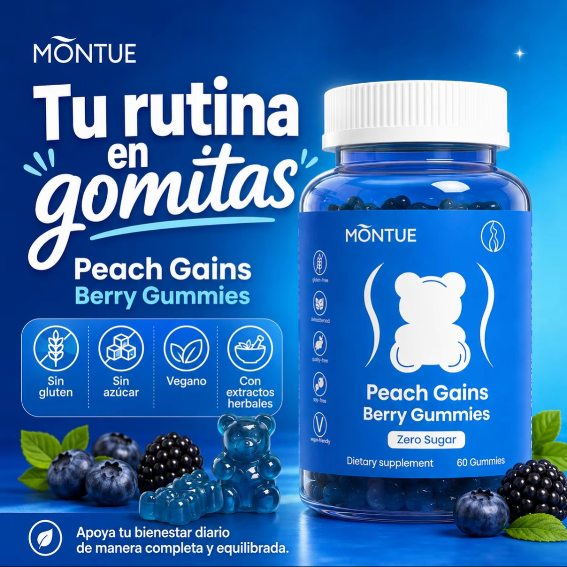Montue Ositos Gomitas de Apoyo para Mujeres Peach 8 Extractos de Hierbas Incluyendo Fenogreco Maca e Ginseng Vitaminas Esenciales Sabor a Frutos Rojos 60 Gomitas