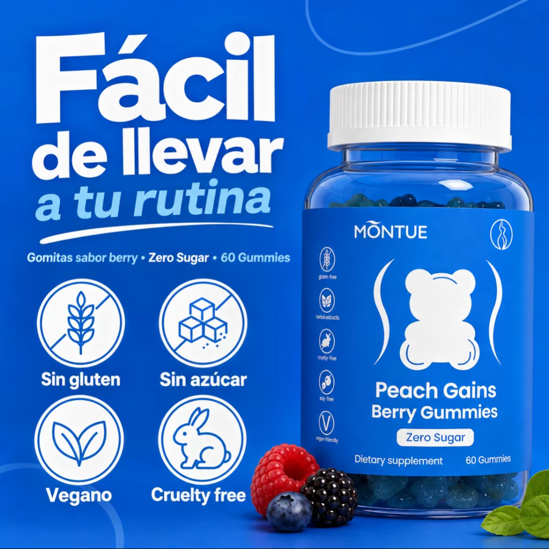Montue Ositos Gomitas de Apoyo para Mujeres Peach 8 Extractos de Hierbas Incluyendo Fenogreco Maca e Ginseng Vitaminas Esenciales Sabor a Frutos Rojos 60 Gomitas