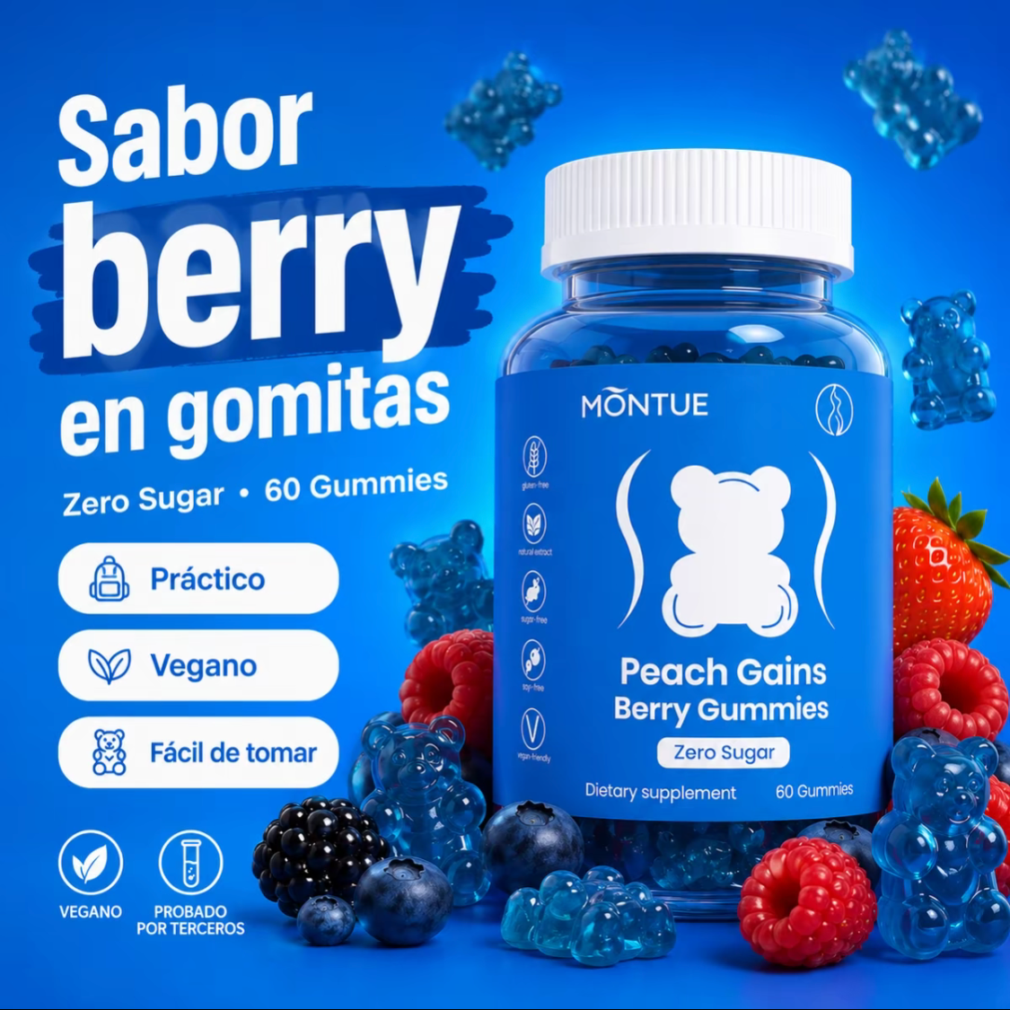 Montue Ositos Gomitas de Apoyo para Mujeres Peach 8 Extractos de Hierbas Incluyendo Fenogreco Maca e Ginseng Vitaminas Esenciales Sabor a Frutos Rojos 60 Gomitas