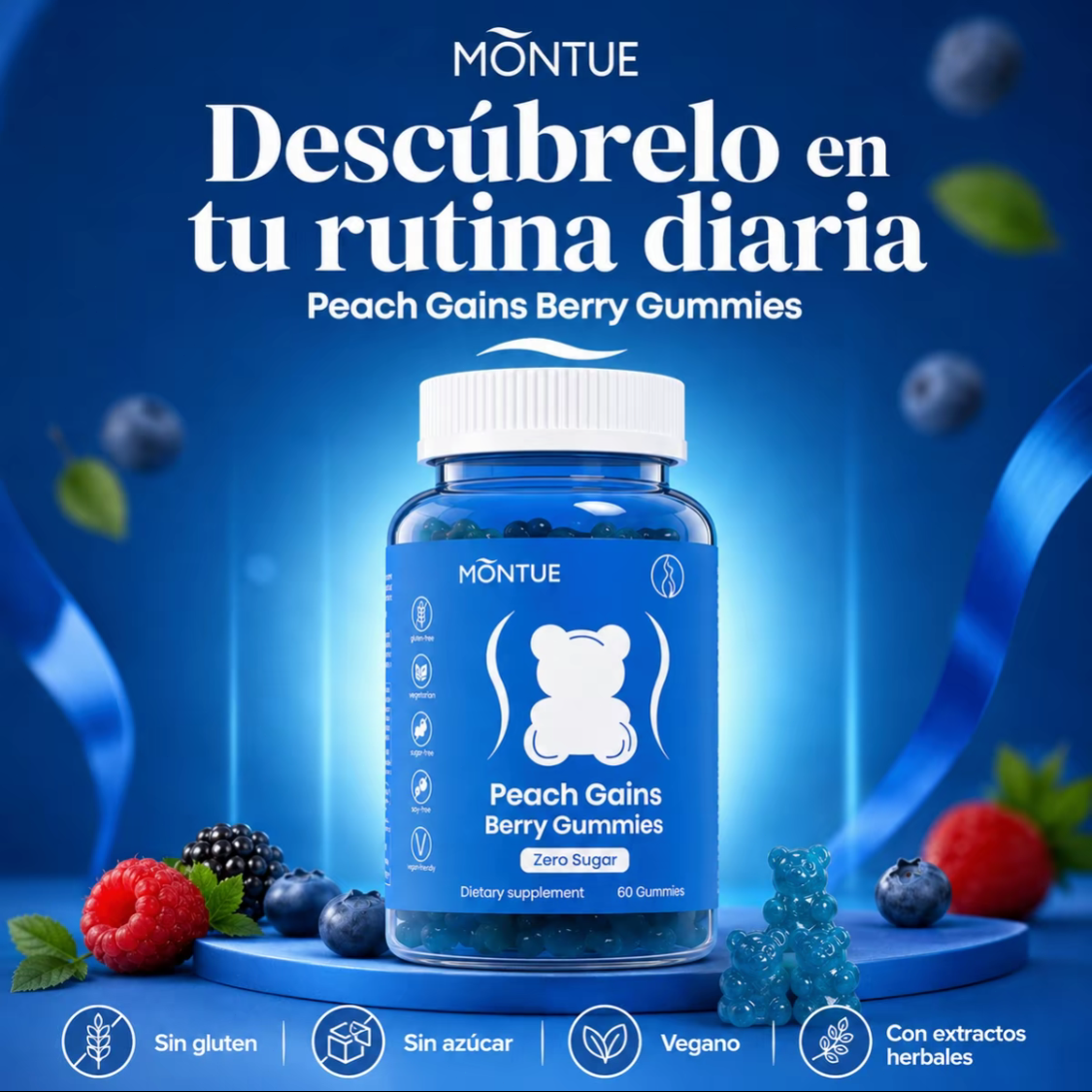 Montue Ositos Gomitas de Apoyo para Mujeres Peach 8 Extractos de Hierbas Incluyendo Fenogreco Maca e Ginseng Vitaminas Esenciales Sabor a Frutos Rojos 60 Gomitas