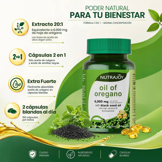 Aceite de Orégano con Aceite de Semilla Negra, 150 Cápsulas Blandas, 6000 mg de Aceite de Orégano Orgánico, Rico en Carvacrol y Antioxidantes Naturales, Apoyo Nutricional, Suplemento Alimenticio Botánico de Alta Eficacia para el Bienestar Genera