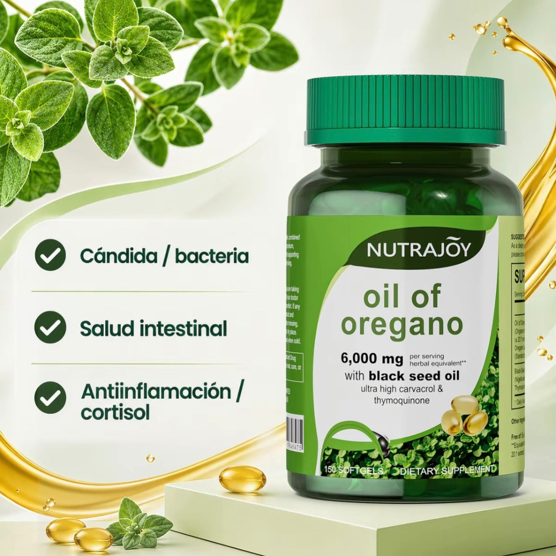 Aceite de Orégano con Aceite de Semilla Negra, 150 Cápsulas Blandas, 6000 mg de Aceite de Orégano Orgánico, Rico en Carvacrol y Antioxidantes Naturales, Apoyo Nutricional, Suplemento Alimenticio Botánico de Alta Eficacia para el Bienestar Genera