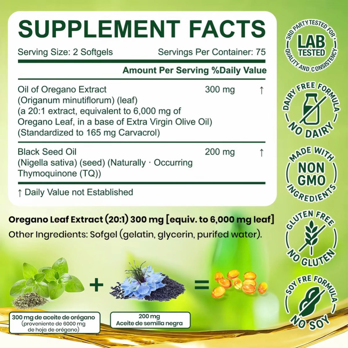 Aceite de Orégano con Aceite de Semilla Negra, 150 Cápsulas Blandas, 6000 mg de Aceite de Orégano Orgánico, Rico en Carvacrol y Antioxidantes Naturales, Apoyo Nutricional, Suplemento Alimenticio Botánico de Alta Eficacia para el Bienestar Genera